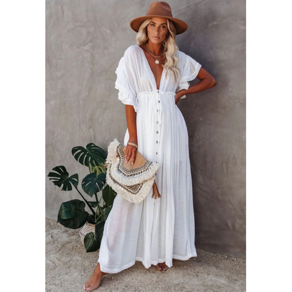White Sands Ruffled Beach Wear Maxi Coverup Dress Size Large